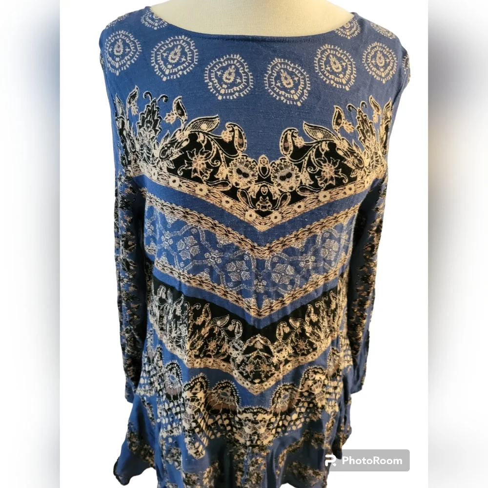 Free People Smooth Talker Tunic Sz M Blue Floral Open Back